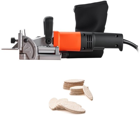 Plaatverbinder 5.9A- Plaatverbinderset met 11.600 tpm 760W motor- 45-graden centreerinkeping- hardmetalen zaagblad- houten lamellen- stofzak- verstelbare hoek en diepte- voor houtbewerking