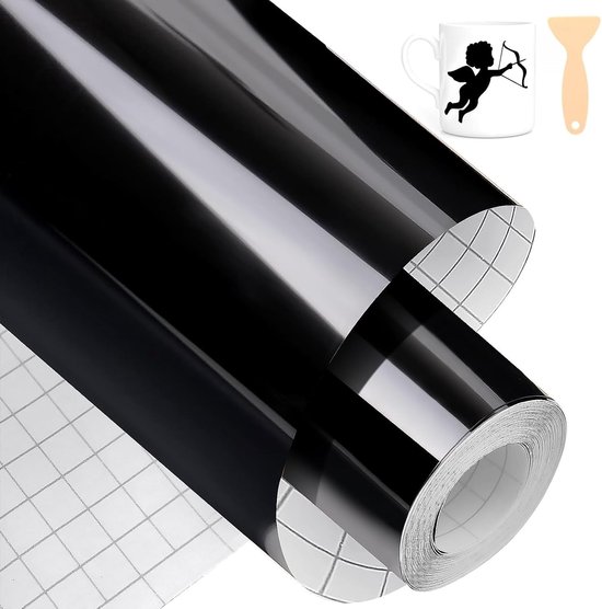 Plotter Vinyl Film Glanzend Zwart 12 x 600 cm PVC Zelfklevend Permanent Vinyl voor Cricut en Cameo, Makkelijk te Snijden en Te Weederen