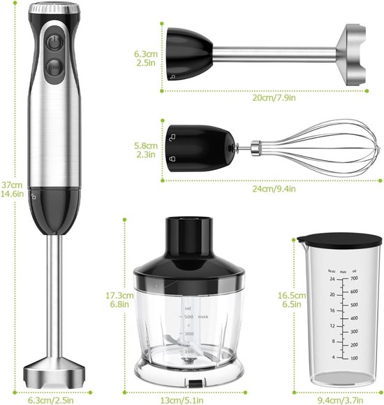 Ploutos® Staafmixer Set - Elektrische Staafmixer 4-in-1 - Snijbeker Van 500 ml - Zwart - 10cm x 10cm x 37cm