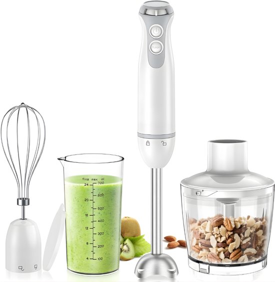 Ploutos® Staafmixer Set - Traploze Snelheidsregeling -1000 W Roestvrijstalen Pureerstang - Wit - 18cm x 7cm x 39cm