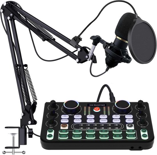 Podcast-apparatuurbundel, audio-interface en DJ-mixer en BM-800 condensatormicrofoon, studio-apparatuur met fantoomvoeding, individueel kanaalontwerp, streaming, voice-over, zingen, pcenz.