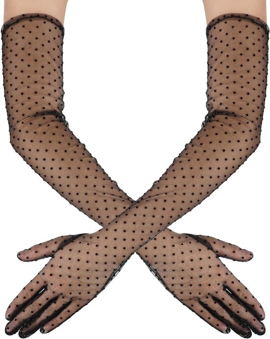 Polka Dot Lange Kanten Tule Handschoenen - Zwarte Doorzichtige Vintage Ellebooglengte Handschoenen voor Bruiloft, Theeparty en Dansfeest