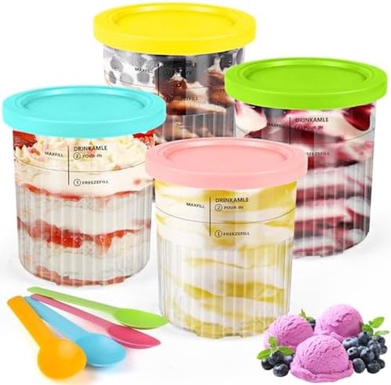 PolkaHome IJscontainerset - 4 Stuks Vriesbakken met Lepels voor Dessertbereiding van PolkaHome