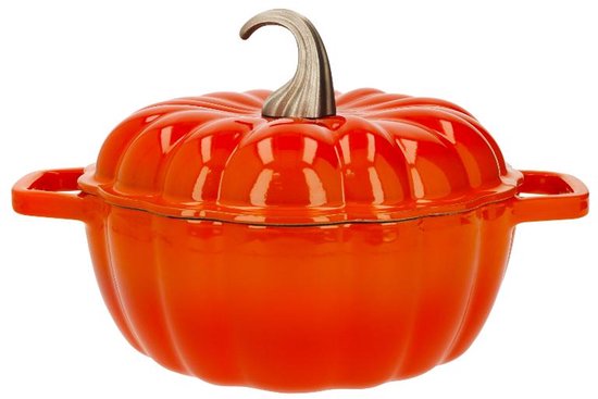 Pompoen stoofpan - Gietijzeren pan - Langzaam koken - Uniek pompoenontwerp - Met deksel - Oranje