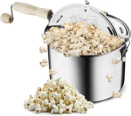 Popcorn Machine - Kookpan Popper - Filmavond Snacks - Gelijkmatige Verwarming - 65 Liter - Zilver