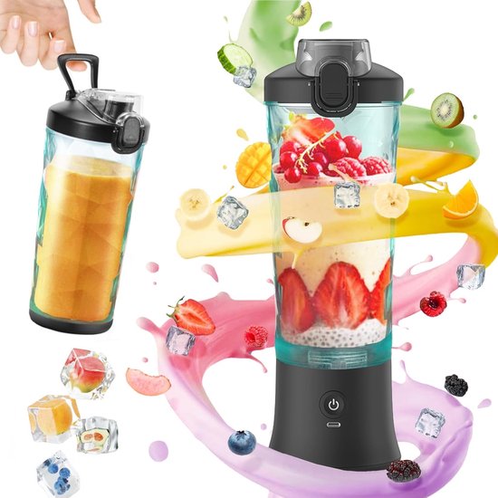 Portable Mixer - Smoothie Maker - Drankjes Maken - 6 Roestvrijstalen Messen - 600ml Capaciteit - Zwart