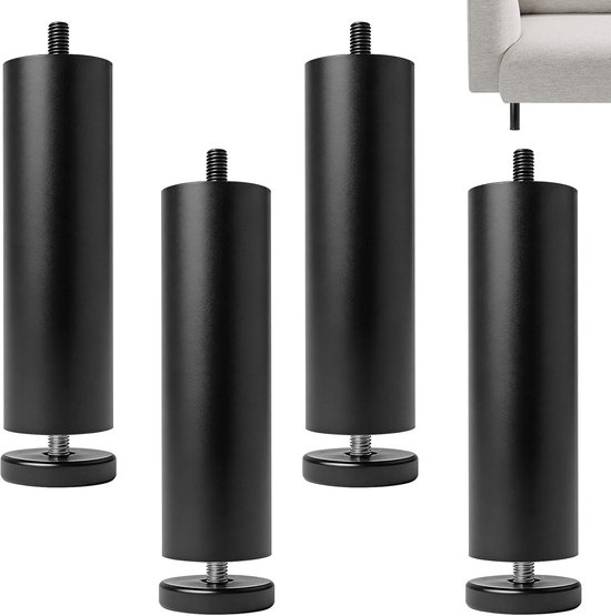 Poten, aluminiumlegering, meubelpoten, 15 cm, in hoogte verstelbare poten, 0-8 mm, meubelpoten, verstelbaar voor bank, bureau, kledingkast, kasten, M8-schroefdraad, zwart