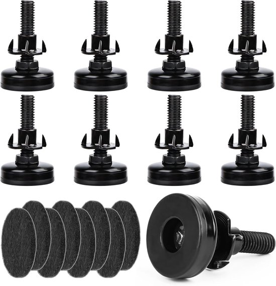 Poten, set van 8, M10 x 55 mm, verstelbare roestvrijstalen schroefpoten met inslagmoeren en vilt, voor kasten, banken, tafels, stoelen met houten poten, zwart