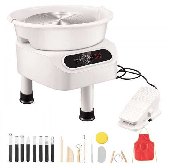 Pottenbakkersschijf - Elektrische Draaischijf voor Keramiek - 25 cm Schijf - 350 W Motor - Pedaalbediening - LCD-touchscreen - Directe Aandrijving - 3 Steunpoten - Wit