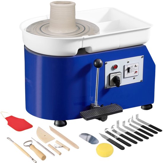 Pottenbakkerswiel - Elektrische Kleimachine en Pottenbakkerschijf - 350 W - Draaiplateau 28 cm - Snelheidsregeling 60-300 tpm - Hand- en Voetbediening - Verwijderbare Kom - Blauw