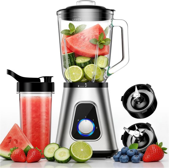 Power Blender 1200W – 2-in-1 Smoothie Maker - 1,5L Glas & 650ml To-Go beker, 3 Snelheden & Pulse Functie - Zelfreinigend van Merkloos