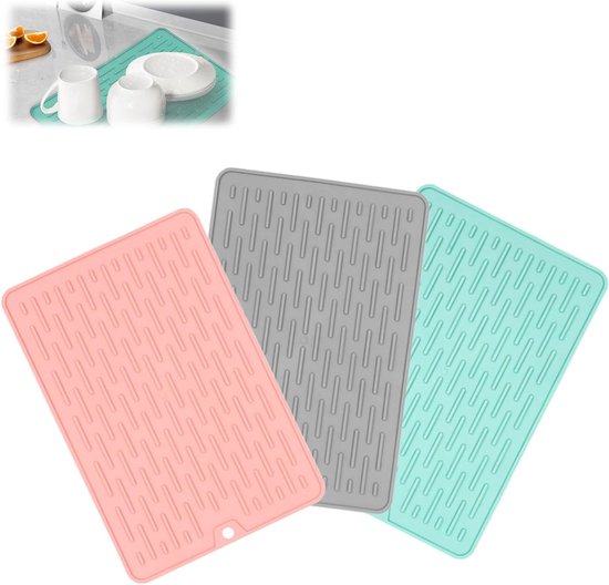 Praktische Siliconen Afvoermat voor Borden - Set van 3 Stukken in Blauw, Grijs en Roze (20 x 30 cm) voor Keuken en Afwas