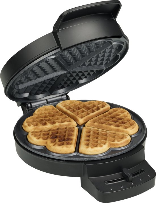 Princess 132378 Wafelijzer - 5 hartvormige wafels - 1000W - Regelbare thermostaat - 5 standen - Anti aanbaklaag - PFAS-vrij - Zwart Gaufrier van Princess
