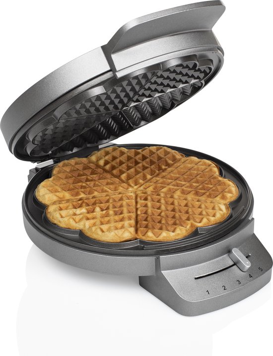 Princess 132380 Wafelijzer - 5 hartvormige wafels - 1200W - Regelbare thermostaat - 5 standen - Anti aanbaklaag - PFAS-vrij - Zilver - Gaufrier van Princess