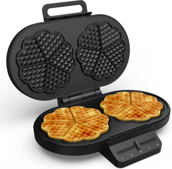 Princess 132384 Dubbel Wafelijzer - 10 hartvormige - 1200W - Regelbare thermostaat- 5 standen - Anti aanbaklaag - PFAS-vrij - Zwart - Gaufrier van Princess