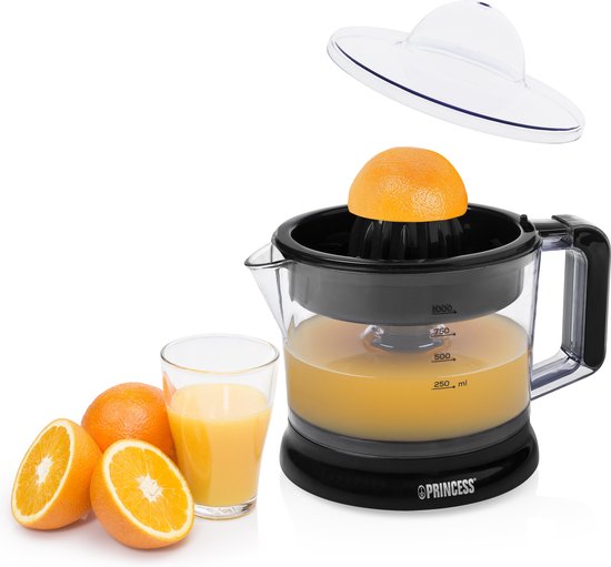 Princess Citruspers 201004 – Elektrische Citruspers – 1 liter - Sinaasappelpers - Fruitpers - Incl. 2 perskegels - Instelbaar pulpfilter - Zwart