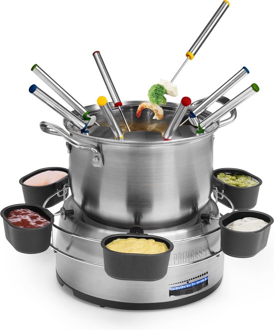 Princess Fonduepan 172680 - Elektrische Fondueset - 8 Personen - Olie, Kaas, Chocolade - Met Sausring - 1.2 Liter - RVS