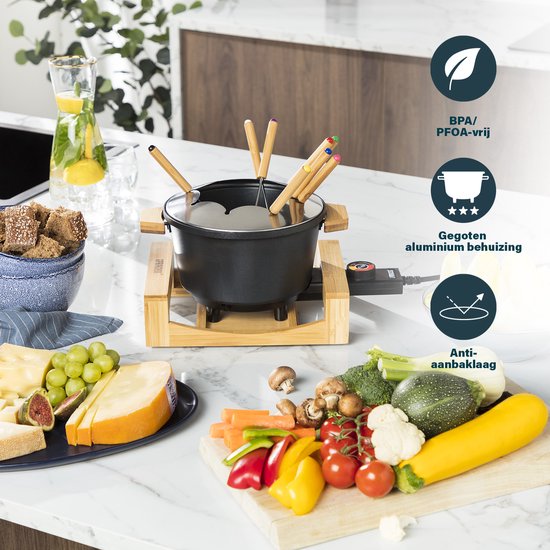Princess Fonduepan 173025 - Elektrische fondueset - 8 personen - Geschikt voor kaas, olie, chocolade en bouillon - 2 meter snoer - Regelbare thermostaat - Bamboe - 1.5 liter