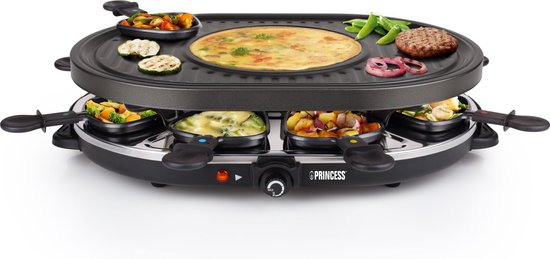 Princess Gourmetstel 162700 - Raclette Oval Grill Party - Speciaal crêpegedeelte - 8 personen - 43 x 30 cm - 2 meter snoer - 1200W - Regelebare thermostaat - 8 pannetjes