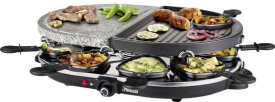 Princess Gourmetstel 162710 - Raclette Oval Steengrill Party - Bakplaat en Steengrill - 8 personen - 2 meter snoer - Regelbare thermostaat - 1200W - 8 pannetjes
