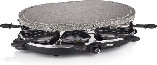 Princess Gourmetstel 162720 - Oval Steengrill & Raclette Party - 8 personen - 2 meter snoer - Regelbare thermostaat - 1200W - 8 pannetjes - PFAS vrij