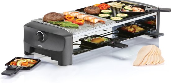 Princess Gourmetstel 162820 - Grill & Bakplaat - Omkeerbare plaat en Steengrill - 8 personen - 42 x 21 cm - 2 meter snoer - Regelbare thermostaat - 1400W - 8 pannetjes