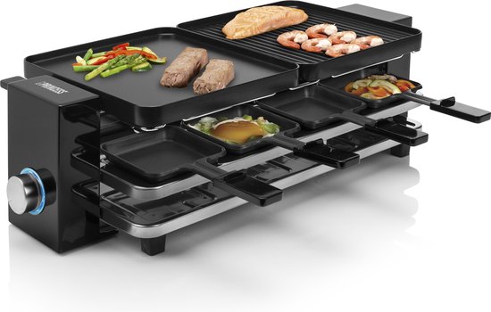 Princess Gourmetstel 162925 - Raclette Piano Black 8 personen - Regelbare thermostaat - 1200W - Parking deck voor gebruikte pannetjes - 8 pannetjes - 2 meter snoer