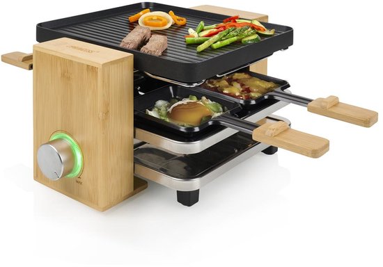 Princess Gourmetstel 162950 - Raclette Pure 4 personen - Grill & Bakplaat - Inclusief 4 pannetjes - Regelbare thermostaat - 800W - 2 meter snoer - Anti-aanbaklaag - Bamboe