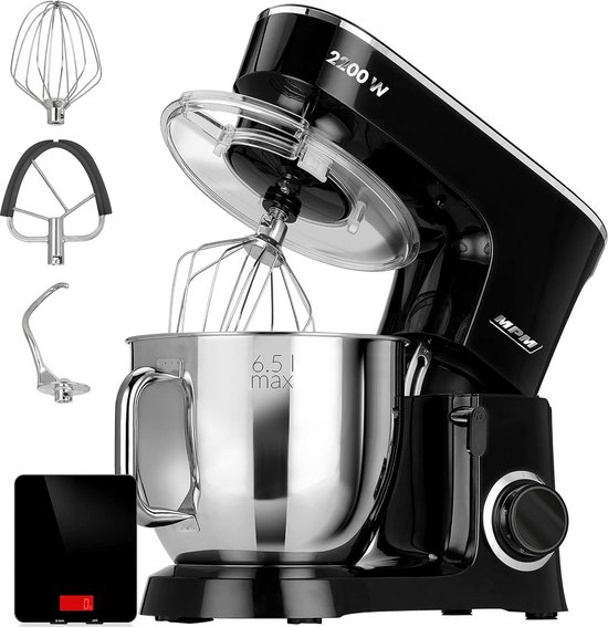 Professionele bakmixer met weegschaal en planetair systeem - 6,5L roestvrij staal, 6 snelheden, ideaal voor deeg en beslag van Merkloos