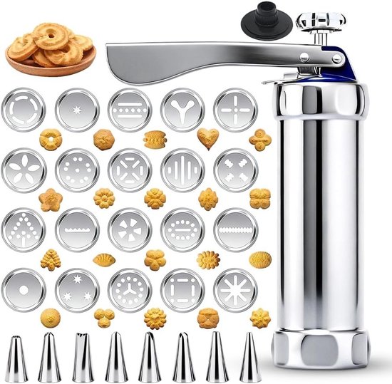 Professionele bakpers en deegmachine van roestvrij staal met 20 sjablonen en 8 spuitmondjes, ideaal voor het maken van koekjes, taarten en gebak met spatula en kwast inbegrepen van Merkloos