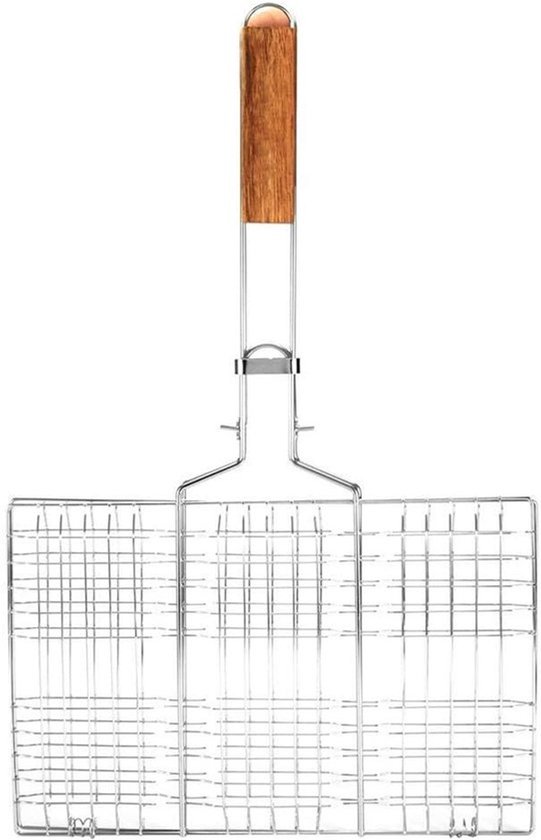 Professionele Grillmand voor BBQ - Draadmesh Grillnet voor Vis, Groenten en Steak met Houten Handvat