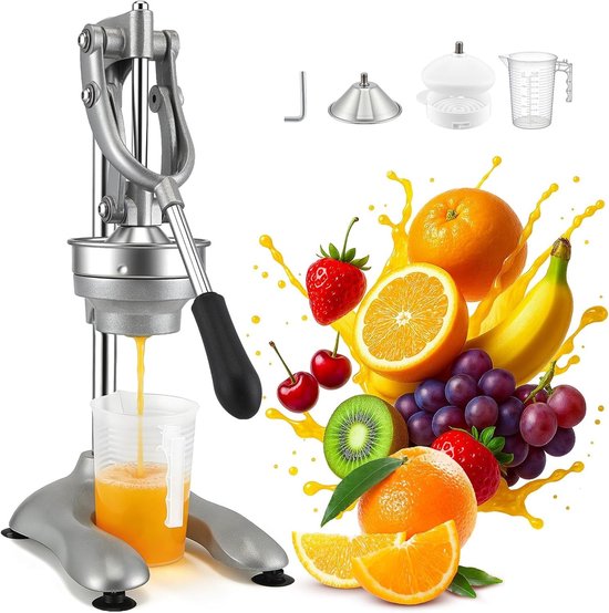 Professionele handmatige XL fruitpers voor sinaasappelen en citrusvruchten, gastronomie-kwaliteit, met 500 ml maatbeker, zilver, 21,5 x 18 x 40 cm, ideaal voor sap en smoothies