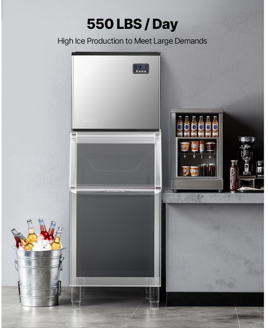 Professionele ijsblokjesmachine - Commercieel Opzetmodel - 249,5 kg/dag - RVS - Zelfreinigend - Timerfunctie - Instelbare ijsdikte - Zonder opslagbak van Merkloos