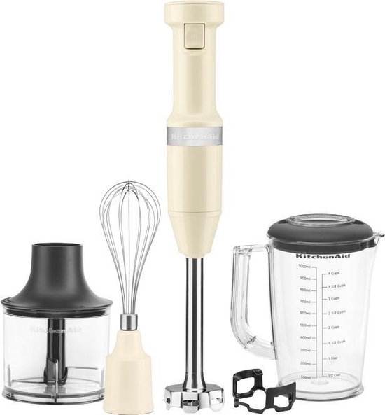 Professionele Kitchenaid Staafmixer Set 20cm - Amandelwit / Creme - Garde + Hakmolen + Mengbeker + Panbeschermer van KitchenAid