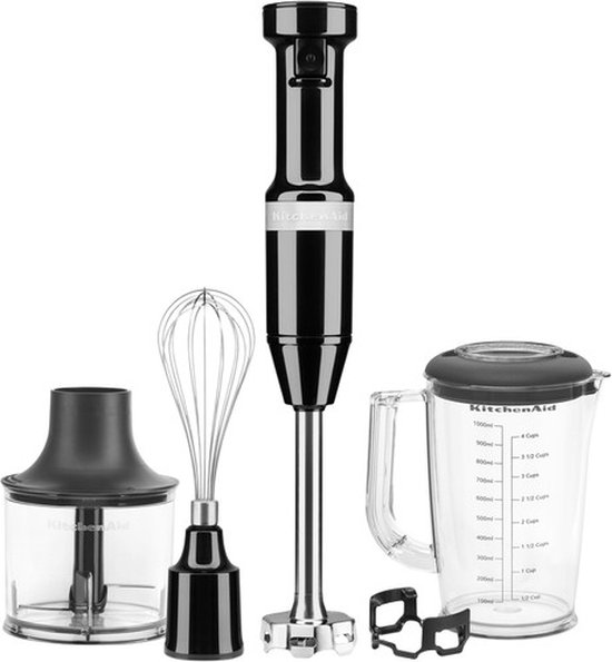 Professionele Kitchenaid Staafmixer Set 20cm - Zwart / Onyx Black - Garde + Hakmolen + Mengbeker + Panbeschermer van KitchenAid