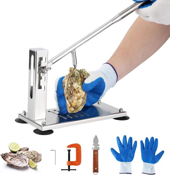 Professionele oester- en mosselopener van roestvrij staal – verstelbaar in 4 standen, met zuignappen, G-klem, mes en snijbeschermende handschoen – voor keuken, thuis en horeca van Merkloos