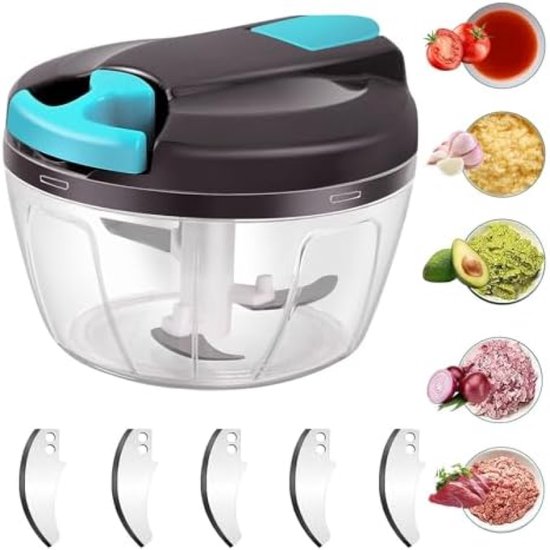PromoHome Handmatige Uiensnijder met 520ml Capaciteit - 3 Roestvrijstalen Messen + 5 Extra Bladen + Mixer - Multifunctionele Keukenhakker voor Groenten, Noten en Kruiden - Eenvoudig Te Gebruiken en Schoon Te Maken van PromoHome