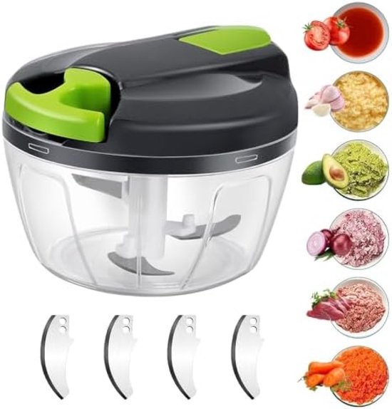 PromoHome Handmatige Voedselhakmolen - 520ml Multifunctionele Keukenhakker met 3 Roestvrijstalen Messen + 5 Extra Bladen + Mixer - Groente, Ui, Knoflook Snijder - Antislip Ontwerp - Vaatwasserbestendig van PromoHome