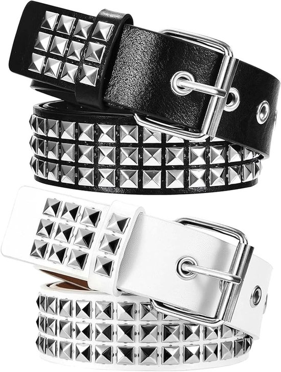 Punk Riem met Nieten voor Vrouwen - Verstelbare Gothic Hip Hop Riem voor Rok en Role Play, Zwart en Wit, 110cm x 3.8cm