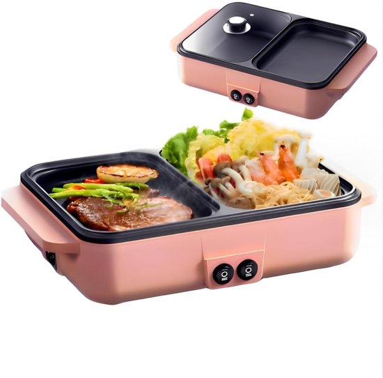 QORA® Hotpot Pan - Hot Pot Pan Chinees - Hot Pot Pan 2 Vaks - Roze - 35cm x 22cm x 8cm