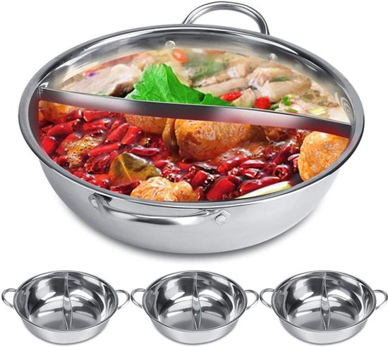 QORA® Hotpot Pan - Hot Pot Pan Chinees - Hot Pot Pan 2 Vaks - Zilver - 20cm x 32cm x 8cm