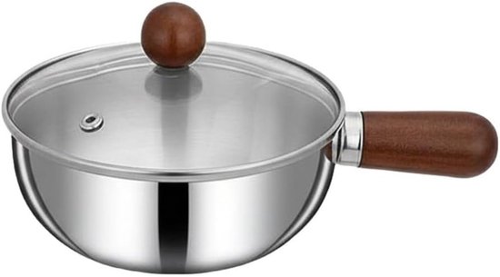 QTTVBTNA - 1 Stuks RVS Kookpan met Deksel - Platte Bodem voor Inductie, Gas en Elektrisch - Koekenpan - Stijlvolle Houten Handgreep - Gelijkmatige Warmteverdeling - Geschikt voor Koken, Sauzen, Soep én Eieren Bakken - Duurzaam & Compact - 14 cm