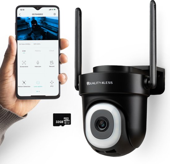 Quality4Less™ - Slimme Beveiligingscamera voor buiten - Werkt met wifi en app - 5MP Ultra HD resolutie - Volledig draaibaar - Nachtzicht - Camerabewaking - Incl. 32GB SD-Kaart - Geen abonnement nodig - Zwart van Quality4Less™
