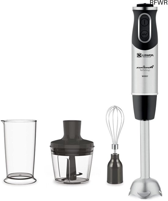 Quickchef 3-in-1 Hand Blender, 1000 W, Powelix Technology Mixer and 10 Speeds 3 Accessories, 800 ml Cup, 500 ml Chopper and Whisk, Stainless Steel Knives