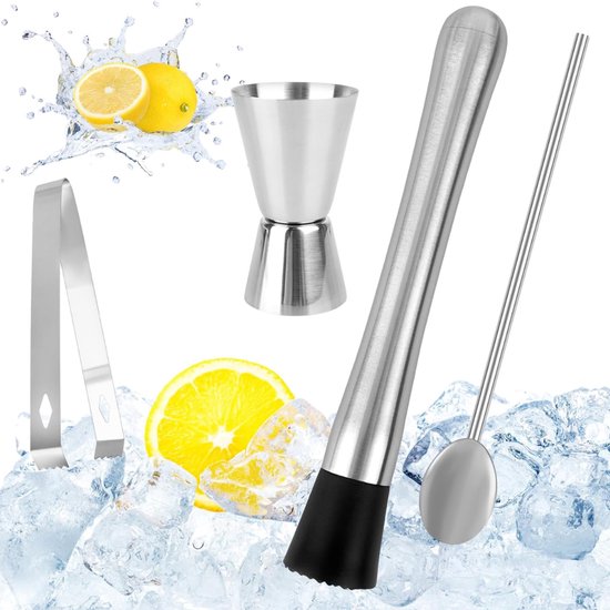QUOVO® IJscrusher - Roestvrijstalen Cocktail Stamper met Cocktaillepel - Barman Set - Mojito Stamper - IJsvergruizer - Stamper - Shaker met Maatbeker - Bar Accessoires voor Keuken - Restaurant - Zilver - 22cm x 15cm x 4cm