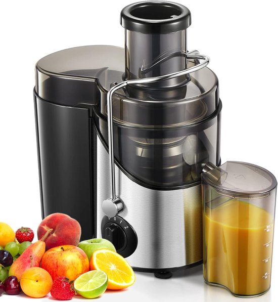 QUOVO® Sapcentrifuge voor Groenten & Fruit - Juicer met microfilter - Slowjuicer met Grote Vulopening - Fruitpers - 3 Snelheden - BPA-Vrij - Zwart/RVS- 30cmx 20cm x 18cm