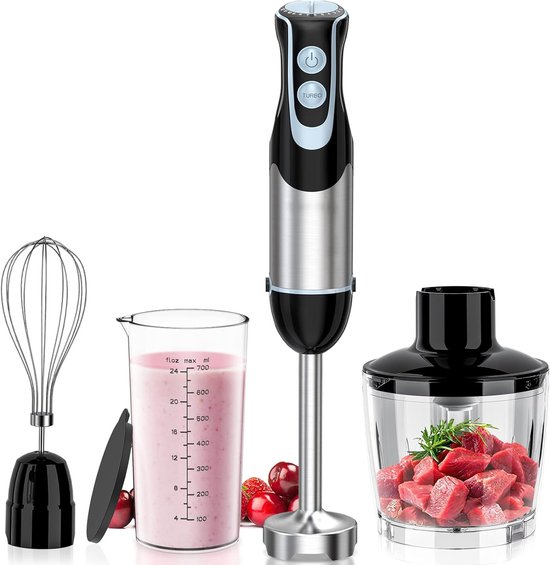 Quvo® Staafmixer Set – 4-in-1 Staafmixerset Met 12 Snelheden en Turbofunctie – Hakmolen - Inclusief Maatbeker, Hakbeker en Mengopzetstuk – 1000W - Zwart - 7cm x 7cm x 40cm van Quvo