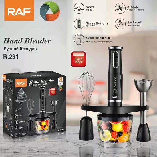 Raf Staafmixer 600W | Blender Set 3-in-1 | Handblender met Hakmolen, Klopper & Melkopschuimer | Snelheden + Turbo | RVS Staafmixer van Merkloos