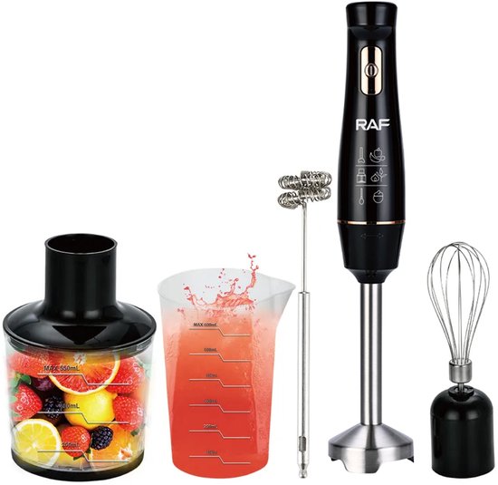 RAF - Staafmixer Set - 5-in-1 - Hand Blender - Elektrische Handmixer - Klopper - Staafmixer - BPA-vrij - Extreem Krachtig - Hakmolen - Garde - Maatbeker - Mengstaaf - Ook voor IJsklontjes - Complete Set van Merkloos