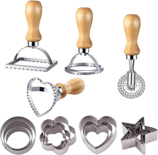 Ravioli Cutter Set - Houten Handvat - Geribbelde Rand Roller Wiel - 12 Roestvrijstalen Mallen - Ravioli Pasta Dumplings Koek van Kookfun
